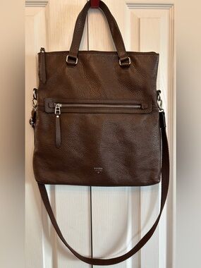 Fossil Dawson Fold-Over Pebbled Leather Convertible Crossbody Tote Brown EUC